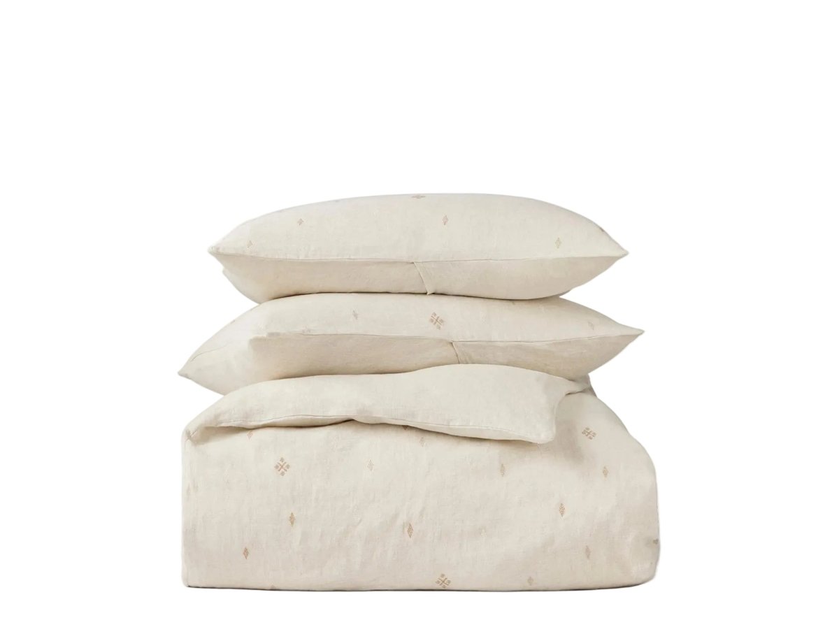 Stack of Duvet & Shams - Coyuchi Cambria Embroidered Organic Linen Natural Chambray Bedding