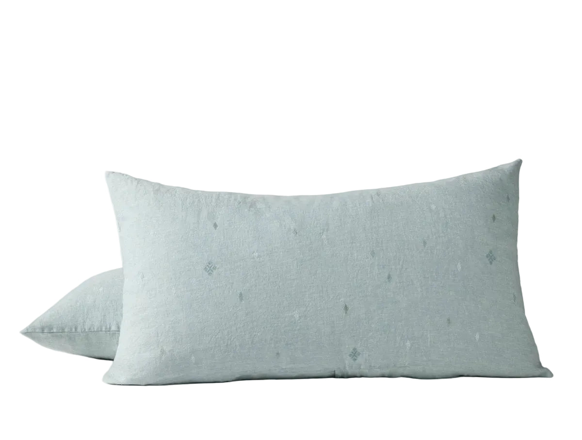 King Sham - Coyuchi Cambria Embroidered 100% Organic Linen Pacific Blue Chambray Bedding 