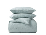 Duvet and Shams Stacked- Coyuchi Cambria Embroidered Organic Linen Pacific Blue Chambray Bedding