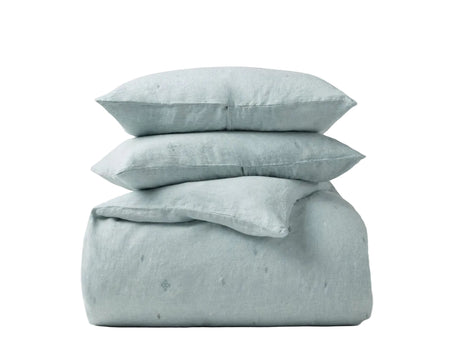 Duvet and Shams Stacked- Coyuchi Cambria Embroidered Organic Linen Pacific Blue Chambray Bedding