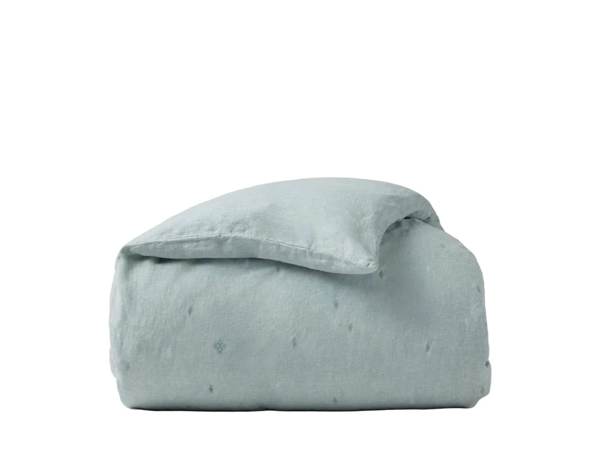 Duvet Cover - Coyuchi Cambria Embroidered 100% Organic Linen Pacific Blue Chambray Bedding 