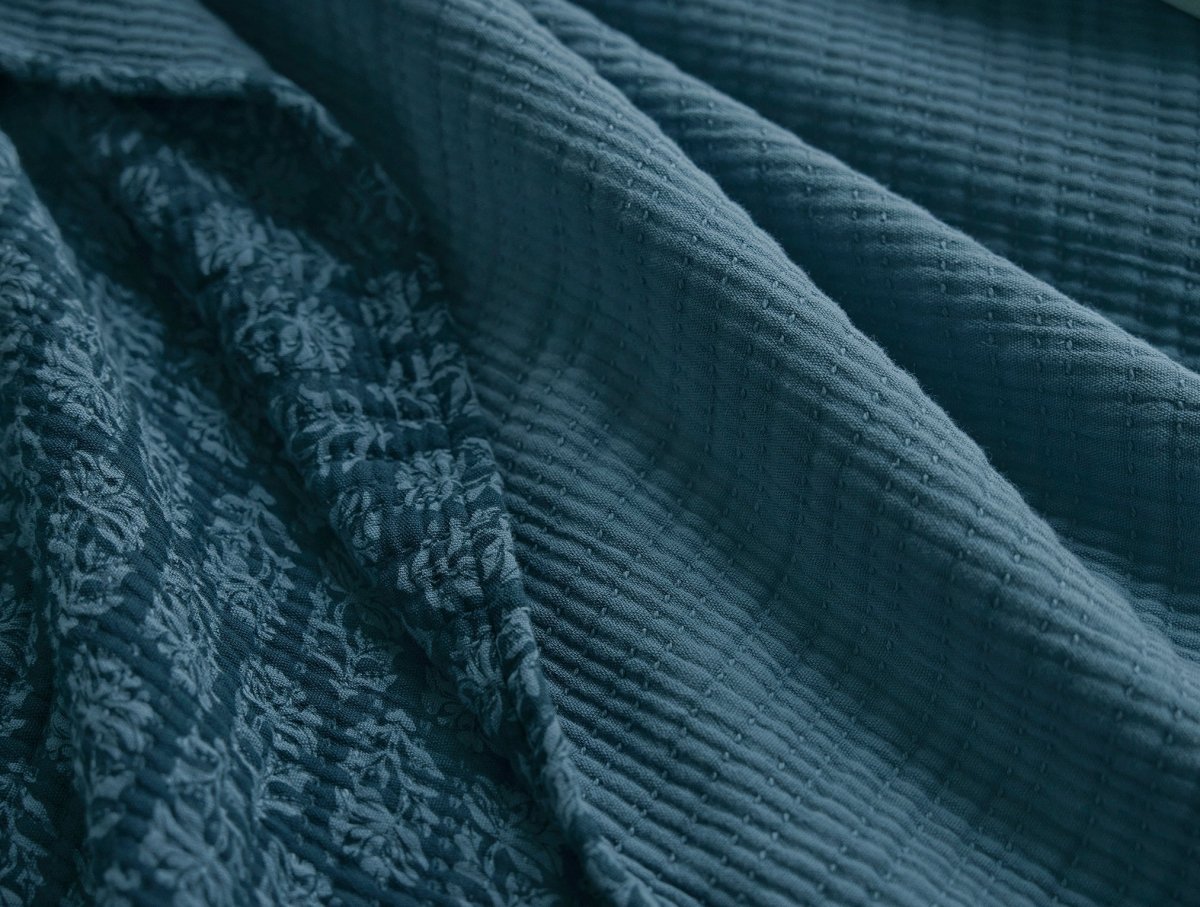 Mirada Organic Matelasse Cerulean Chrysanthemum Coverlet Styled Room View 3 | Coyuchi at Fig Linens and Home