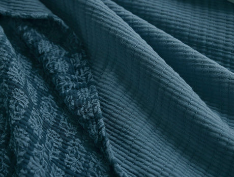 Mirada Organic Matelasse Cerulean Chrysanthemum Coverlet Styled Room View 3 | Coyuchi at Fig Linens and Home