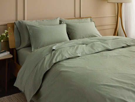 Organic Crinkled Percale Olive Chambray Duvet Cover Styled Room View | Coyuchi at Fig Linens and Home