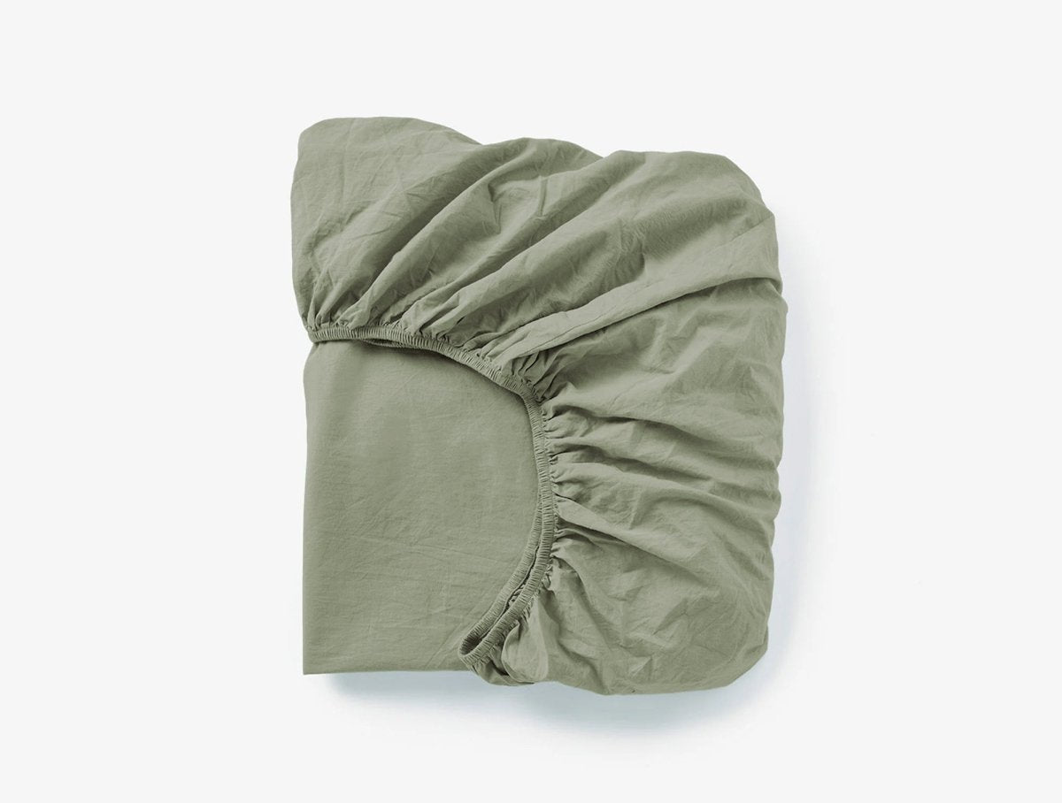 Organic Crinkled Percale Olive Chambray Fitted Sheet | Coyuchi at Fig Linens and Home