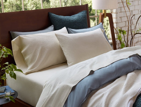 Organic Crinkled Percale Undyed w/ Indigo Gray Pillowcases Styled Room View | Coyuchi at Fig Linens and Home