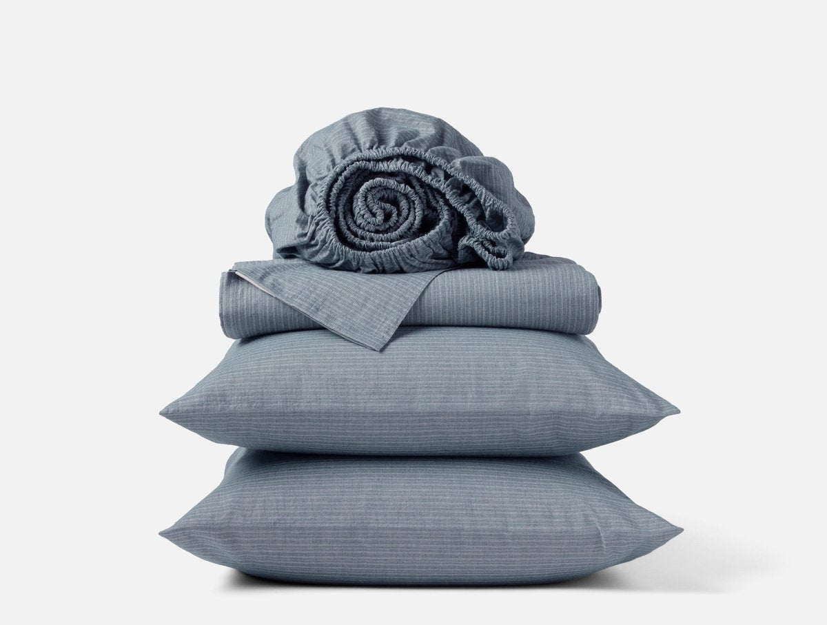 Organic Crinkled Percale Indigo Chambray Stripe Sheet Set | Coyuchi at Fig Linens and Home