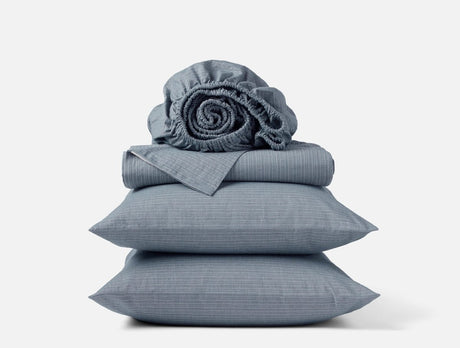 Organic Crinkled Percale Indigo Chambray Stripe Sheet Set | Coyuchi at Fig Linens and Home