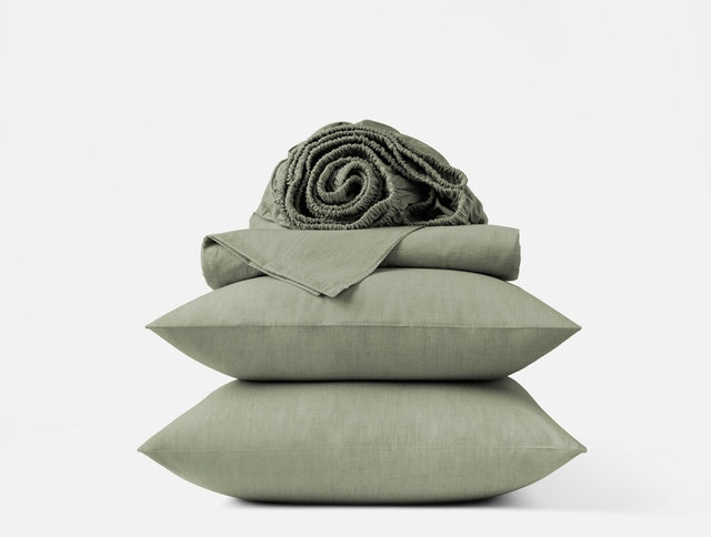 Organic Crinkled Percale Olive Chambray Sheet Set | Coyuchi at Fig Linens and Home
