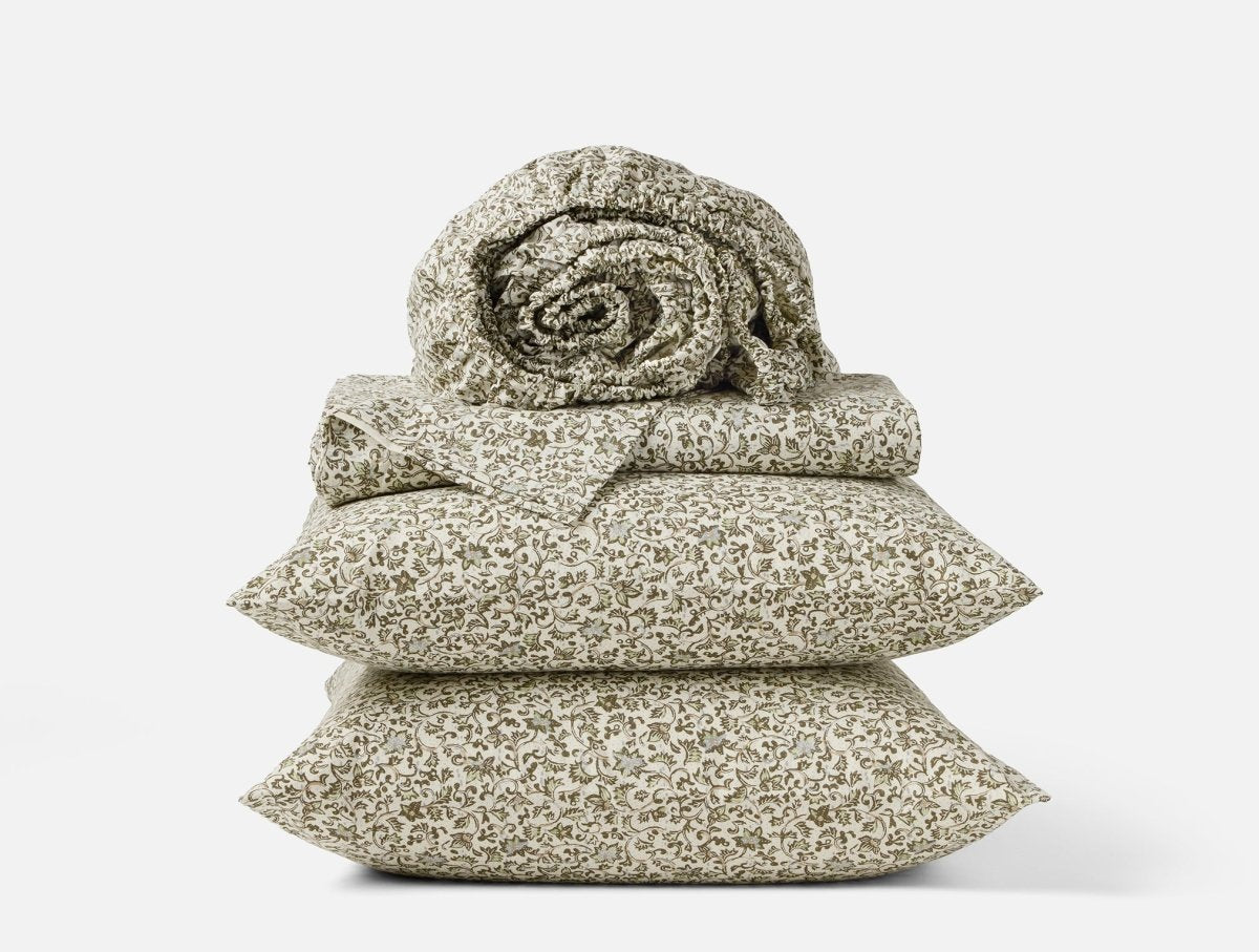 Organic Print Percale Olive Asterid Sheet Set | Coyuchi at Fig Linens and Home