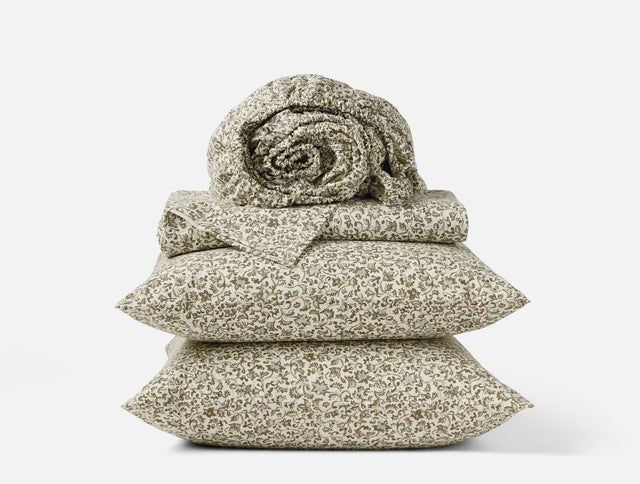 Organic Print Percale Olive Asterid Sheet Set | Coyuchi at Fig Linens and Home