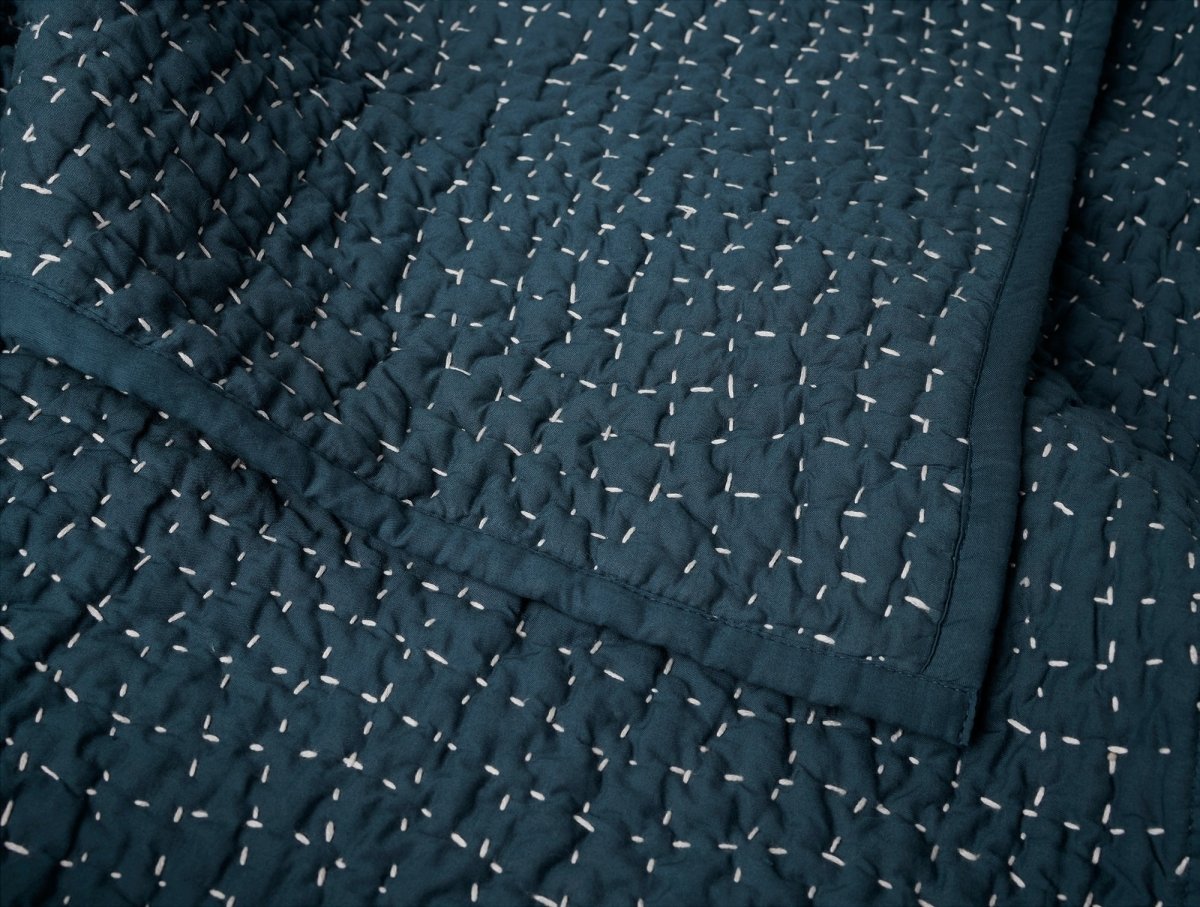 Pebbled Handstitched Organic Blankets by Coyuchi Midnight Indigo Full/Queen Quilt 90” x 90” at FIG LINENS AND HOME 24