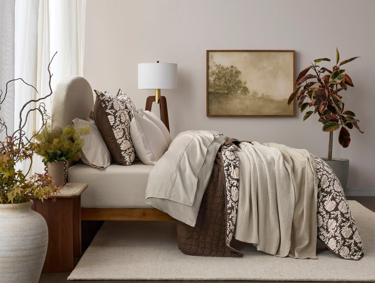 Robles Handstitched Organic Carob w/ Khaki Quilt Styled Room View | Coyuchi at Fig Linens and Home