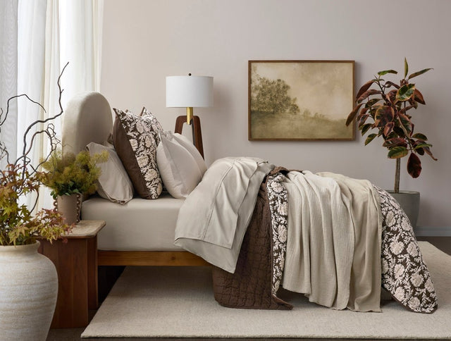 Robles Handstitched Organic Carob w/ Khaki Quilt Styled Room View | Coyuchi at Fig Linens and Home