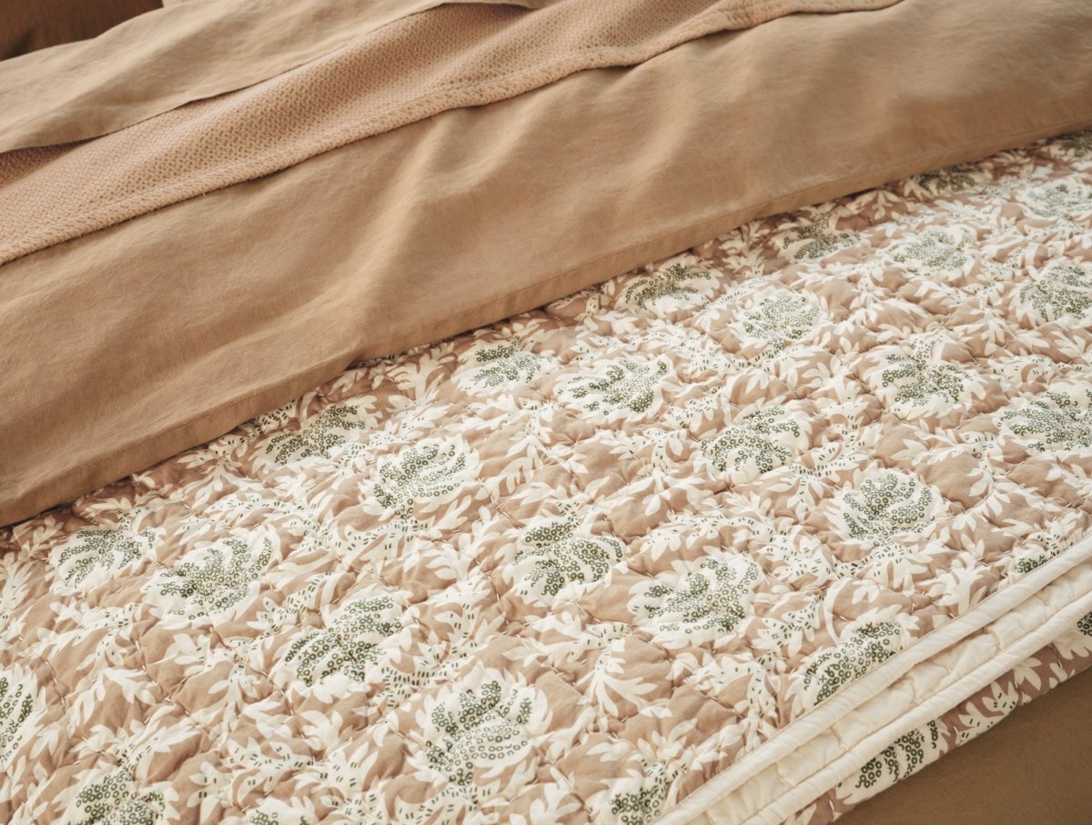 Coyuchi Robles Handstitched Organic Quilts in Fawn and Juniper at Fig Linens and Home - Lifestyle 4