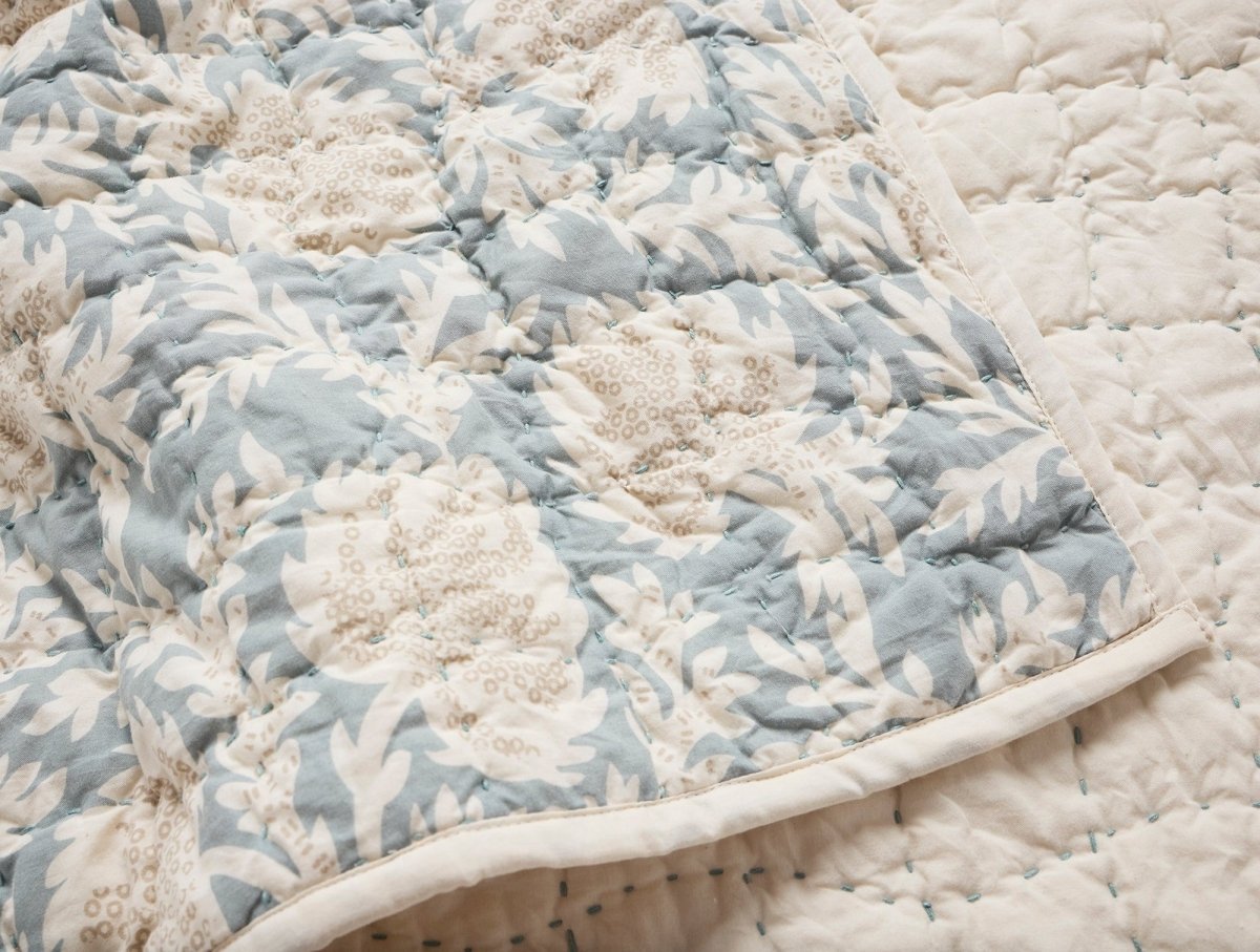 Coyuchi Robles Handstitched Organic Quilts in Tidal and Khaki at Fig Linens and Home - Fabric Detail