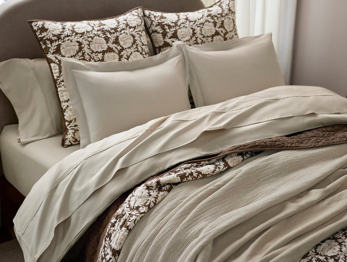Robles Handstitched Organic Carob w/ Khaki Sham Styled Room View | Coyuchi at Fig Linens and Home
