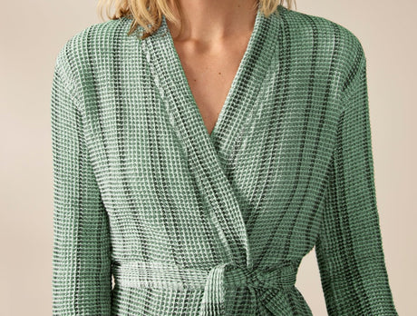 Unisex Organic Waffle Marled Spruce Stripe Robe 2 | Coyuchi at Fig Linens and Home
