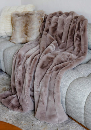 Posh Mink Latte Throw Faux Fur - Donna Salyers Fabulous Furs at Fig Linens and Home - Draped on Sofa 1