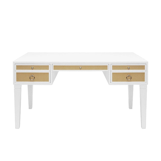 Fig Linens - Heidi White Lacquer & Grasscloth Desk with Nickel Hardware