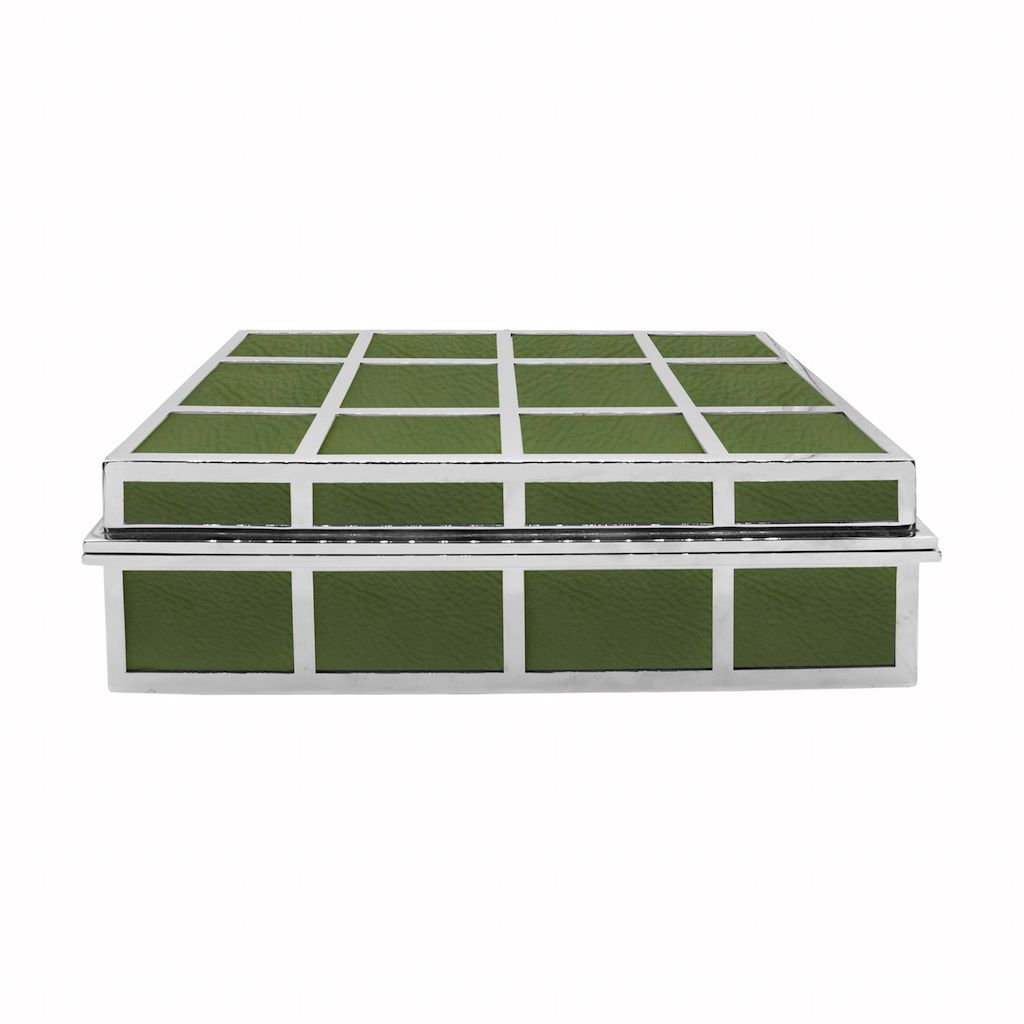 Percy Olive Green Leather Box with Nickel Grid Detail | Fig Linens