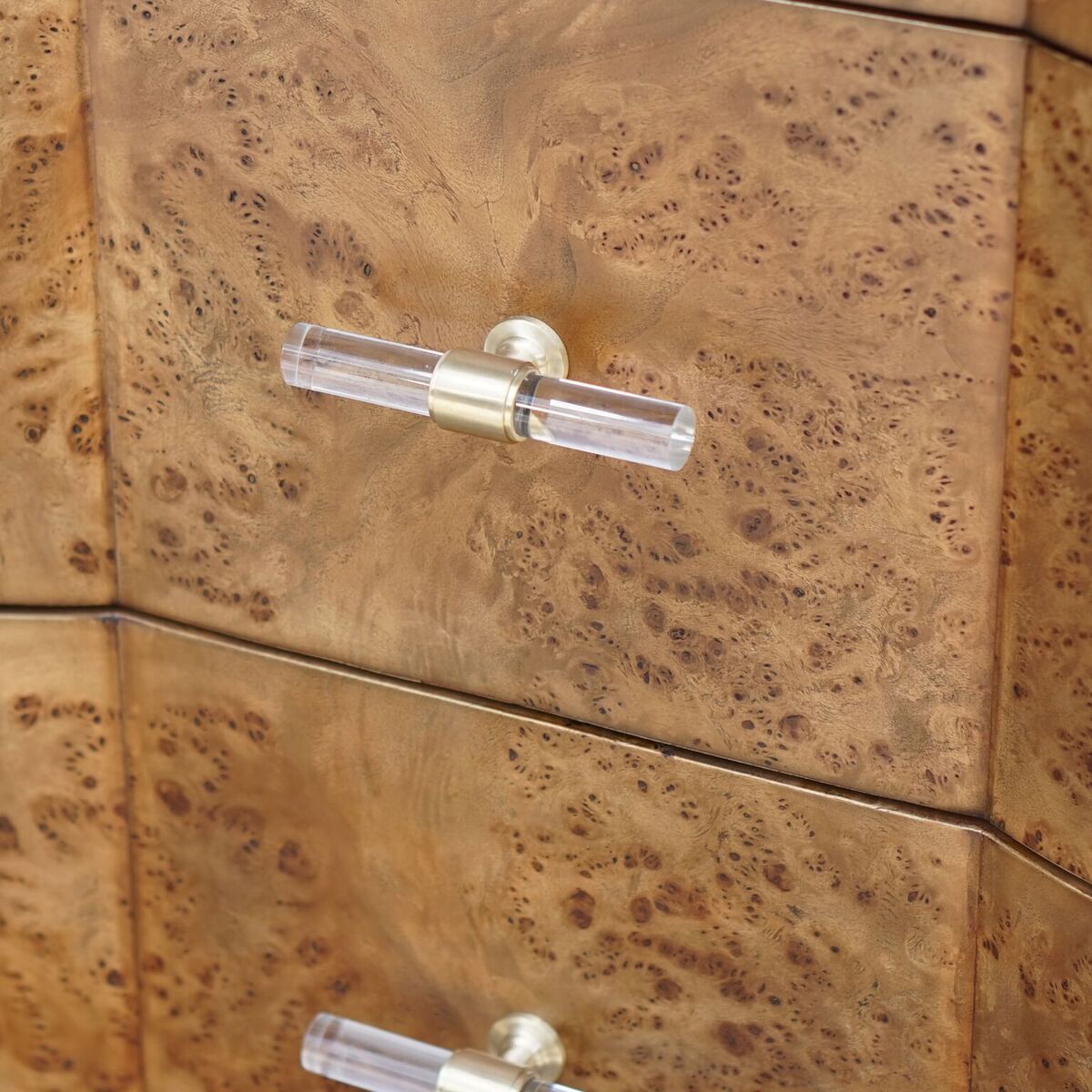 Dark Burl Wood 3 Drawer Chest with Acrylic Pulls by Worlds Away | Fig Linens and Home