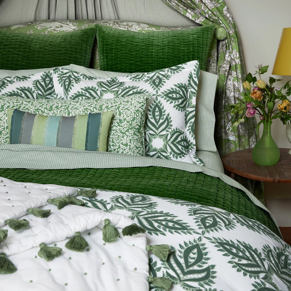 John Robshaw Velvet Moss Quilted Green Bedding at Fig Linens and Home - Lifestyle Image 2