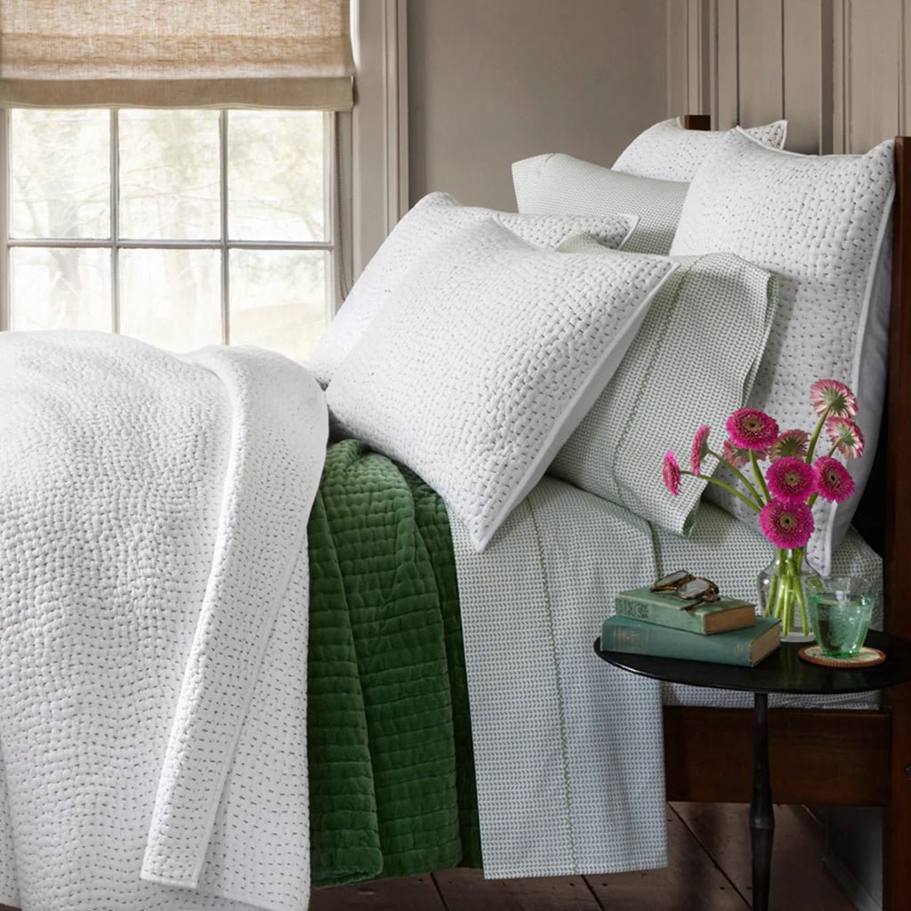 John Robshaw Velvet Moss Quilted Green Bedding at Fig Linens and Home - Lifestyle Image 1