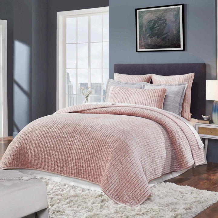 Walton Channel Velvet Quilt by Orchids Lux Home - Rose Pink Lifestyle