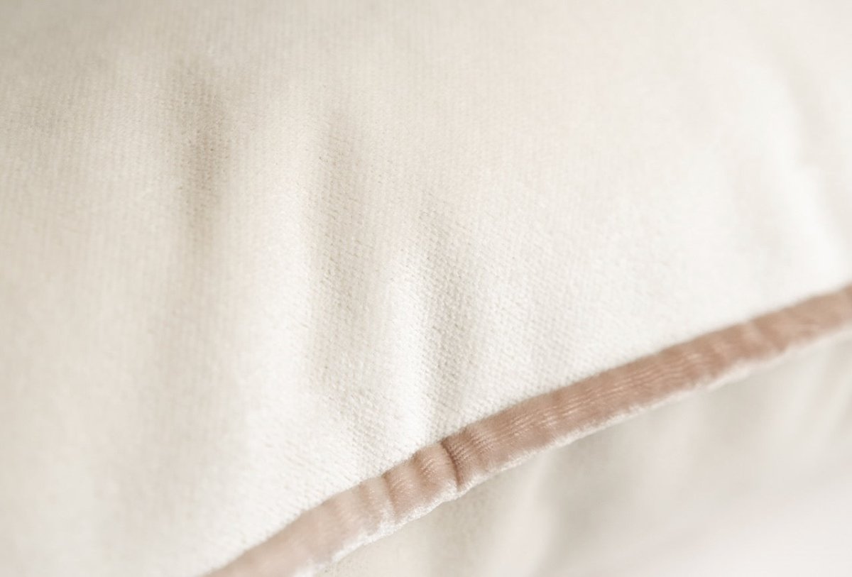 Tranquility Velvet Performance Pillows Latte Kevin O'Brien Detail of Piping