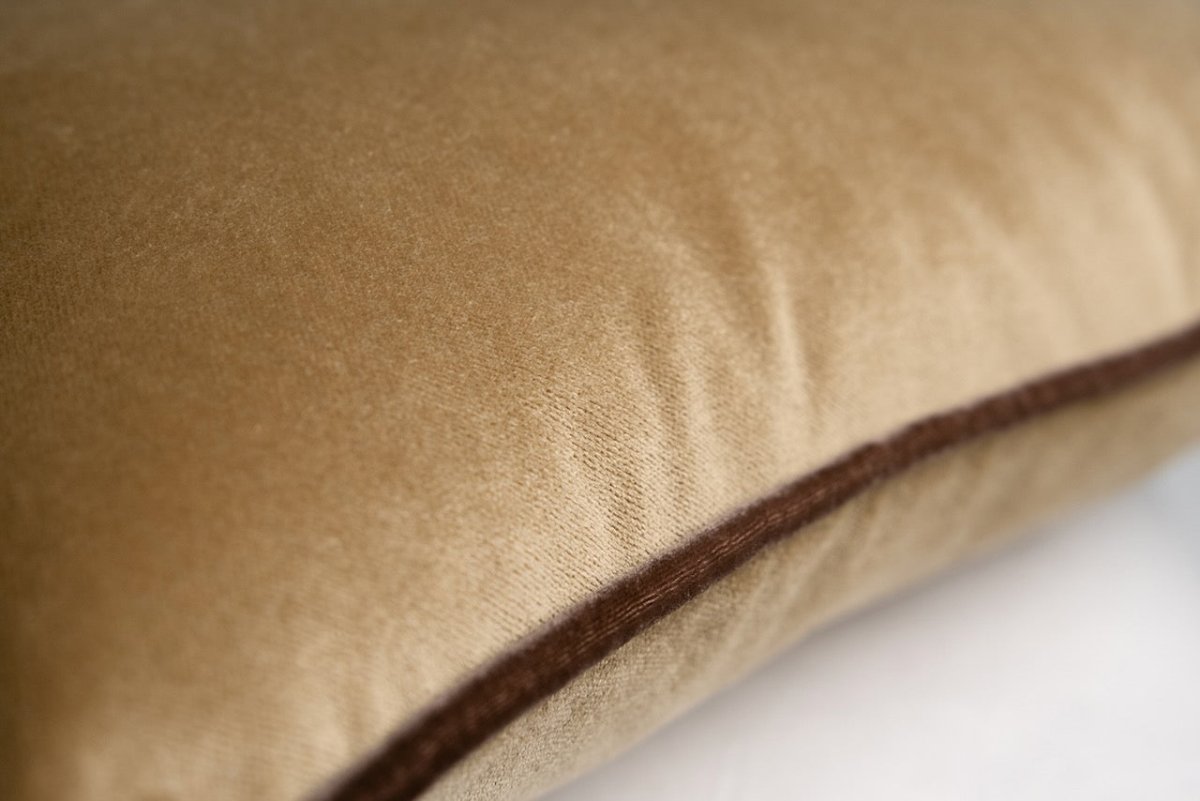 Tranquility Velvet Performance Pillows Sable Kevin O'Brien Detail of Piping