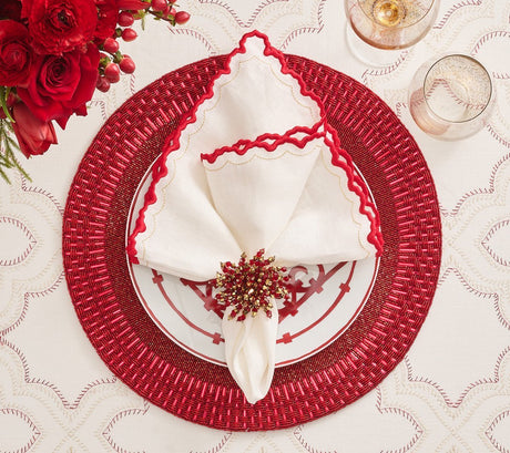 Arches Napkin in White, Red & Gold, Set of 4 Kim Seybert at Fig Linens and Home - Lifestyle 1