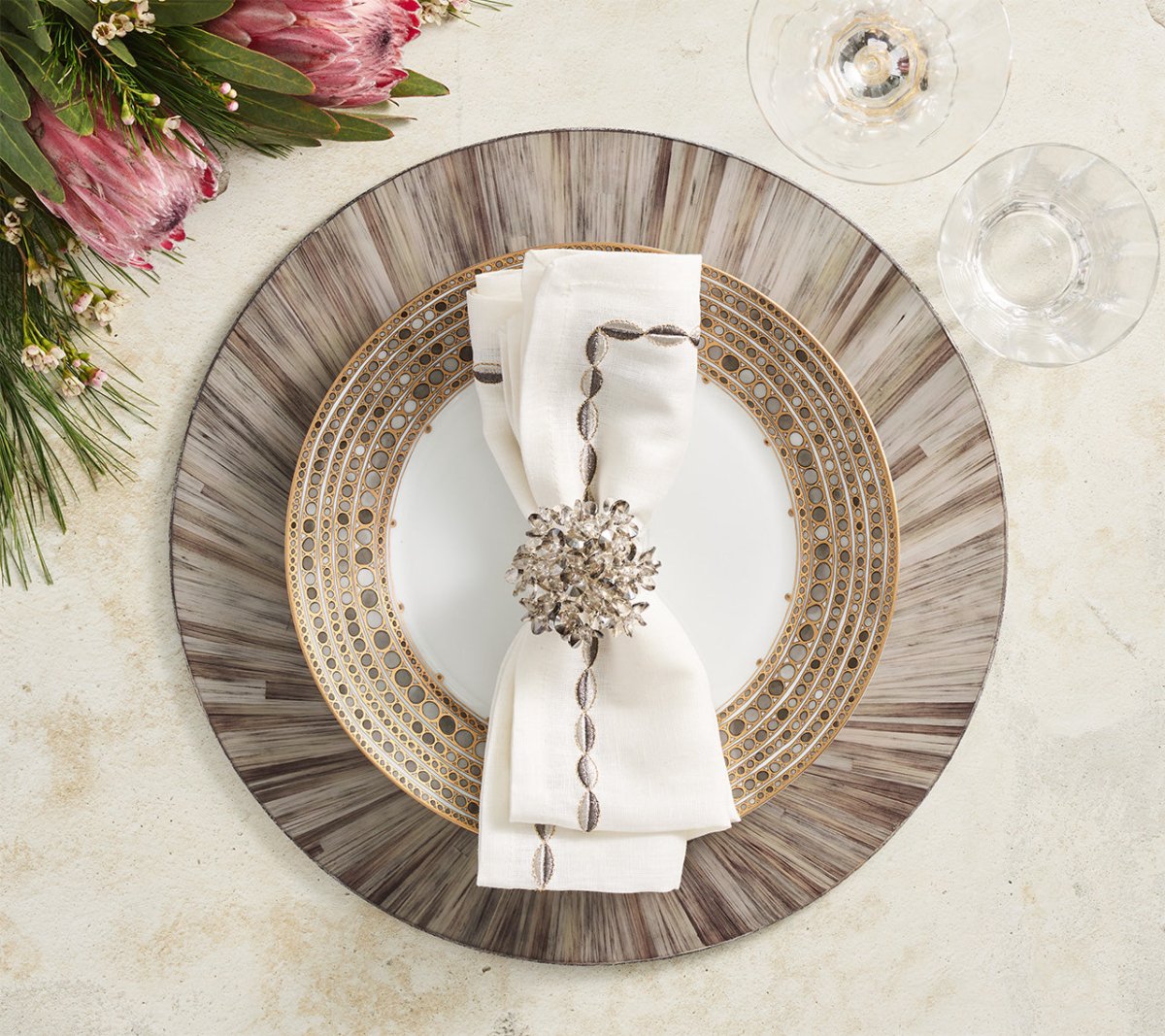 Aura Placemat in Gray, Set of 4 Kim Seybert at Fig Linens and Home - Round Placemats 4