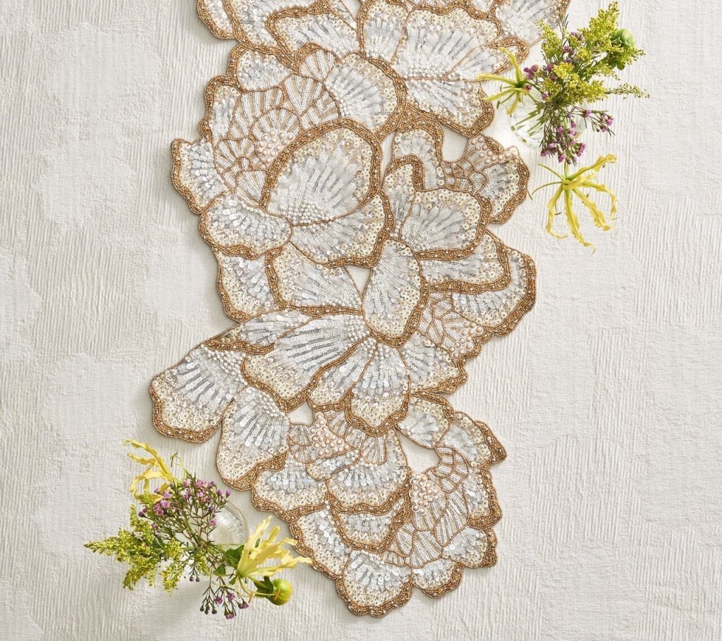 Botanica Table Runner in White Gold & Silver by Kim Seybert WHITE/GOLD/SILVER 37.25"L x 17.25"W x 0.2"H at FIG LINENS AND HOME 3
