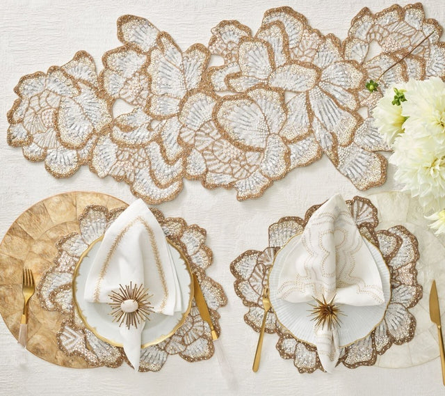 Botanica Table Runner in White Gold & Silver by Kim Seybert WHITE/GOLD/SILVER 37.25"L x 17.25"W x 0.2"H at FIG LINENS AND HOME 1