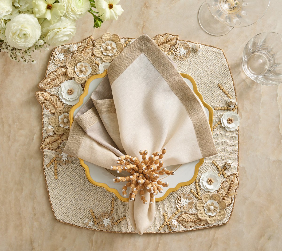 Bramble Placemat in Ivory Natural & Gold, Set of 2 by Kim Seybert at Fig Linens and Home 2