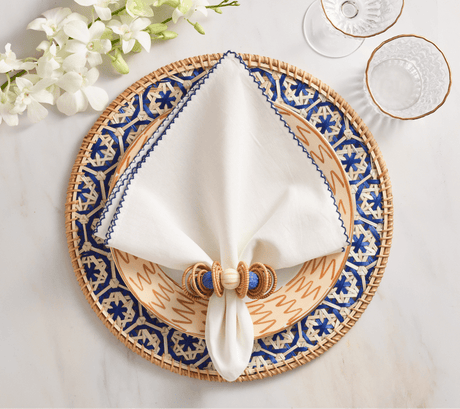 Calypso Napkin Ring in Natural & Blue Set of 4 by Kim Seybert - Lifestyle 1