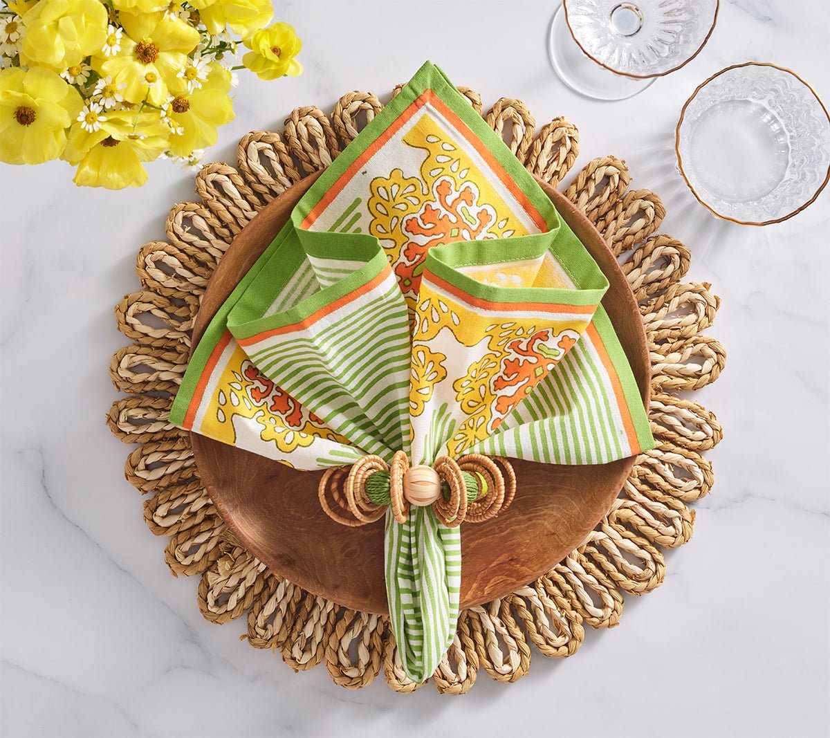 Calypso Napkin Ring in Natural & Green Set of 4 by Kim Seybert at Fig Linens and Home - Lifestyle 1