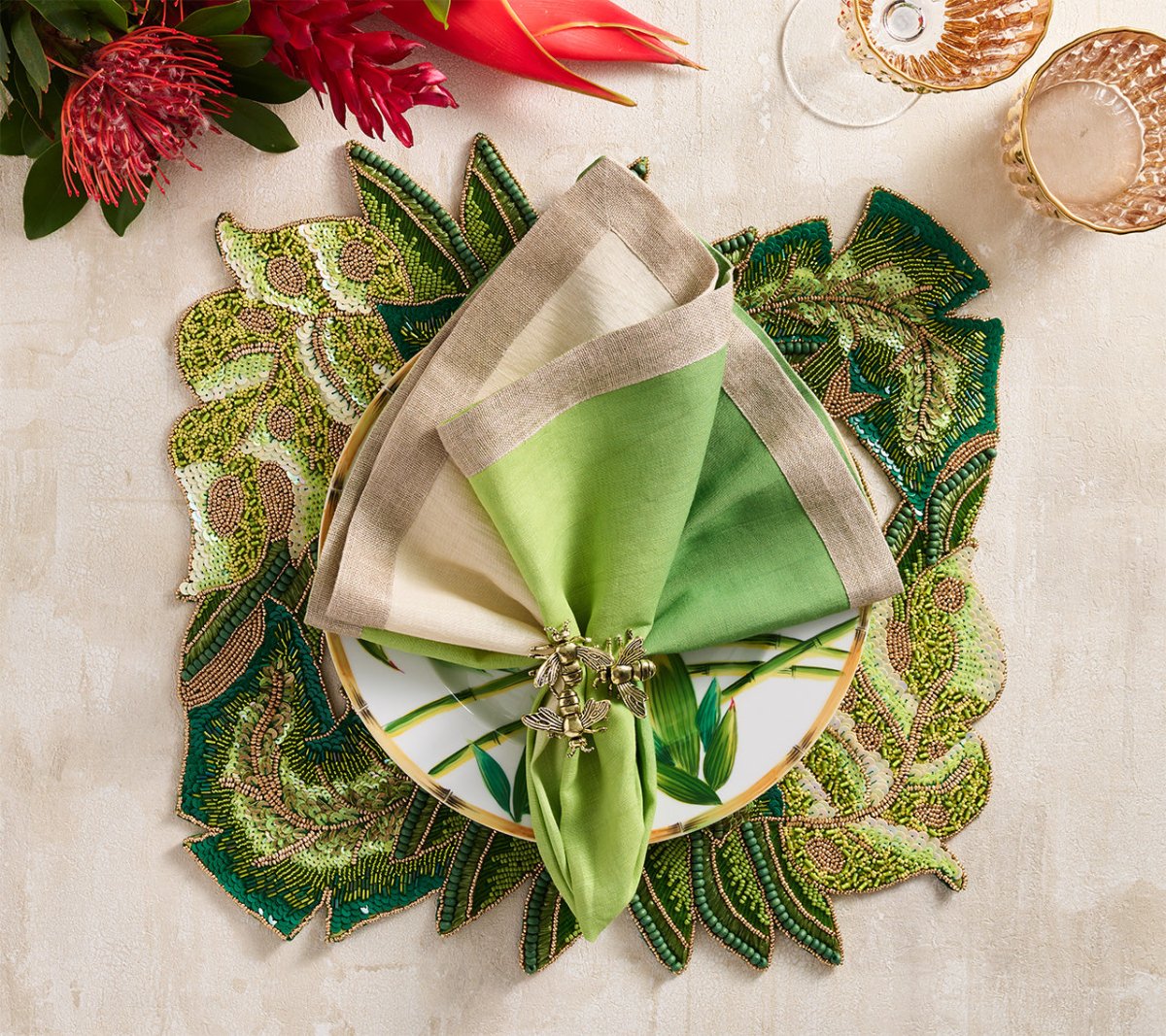 Calypso Placemat in Green & Gold | Tropical Beaded Placemats with Napkin at Fig Linens and Home 2