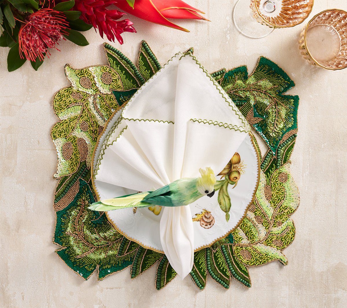 Calypso Placemat in Green & Gold | Tropical Beaded Placemats with Napkin at Fig Linens and Home 3
