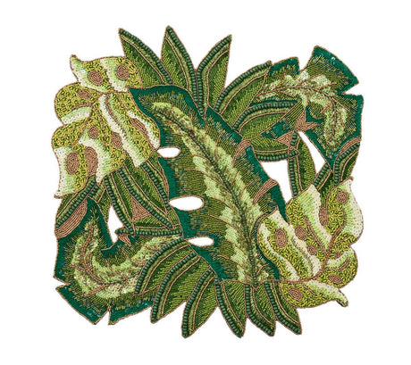 Calypso Placemat in Green & Gold | Tropical Beaded Placemats with Sequins, Palms and Leaves 1