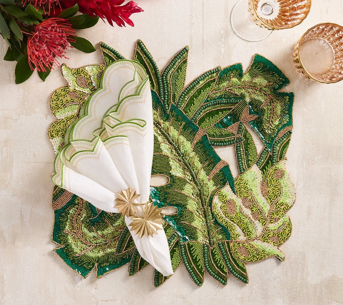 Calypso Placemat in Green & Gold | Tropical Beaded Placemats with Napkin at Fig Linens and Home 1