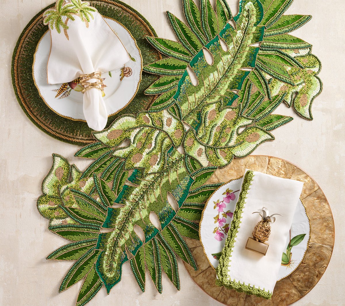 Calypso Runner in Green & Gold | Kim Seybert Table Runner at Fig Linens and Home 2