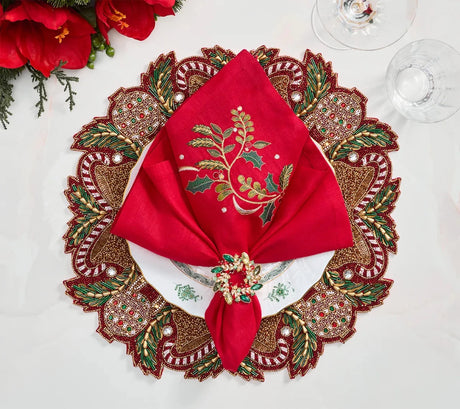Candy Cane Bow Red/Green/Gold Placemat Detail 3 | Kim Seybert at Fig Linens and Home