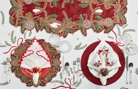 Candy Cane Bow Red/Green/Gold Table Runner Detail 2 | Kim Seybert at Fig Linens and Home