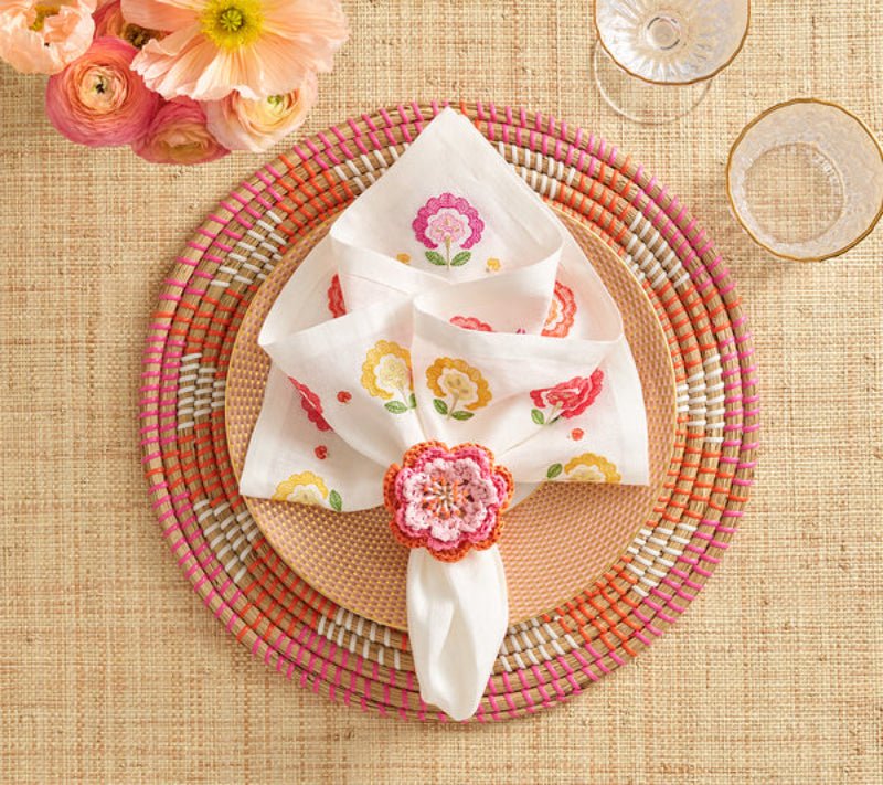 Kim Seybert Carnation Napkins in White, Pink & Orange - Lifestyle of Napkins at Fig Linens & Home 1