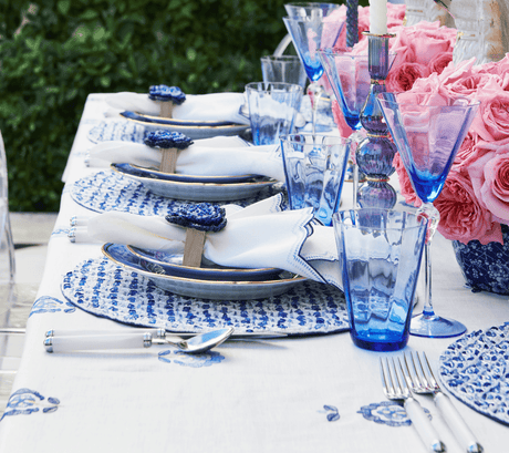 Carnation Tablecloth in White & Blue by Kim Seybert at Fig Linens and Home - Lifestyle 2