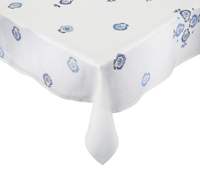 Carnation Tablecloth in White & Blue by Kim Seybert at Fig Linens and Home - View 1