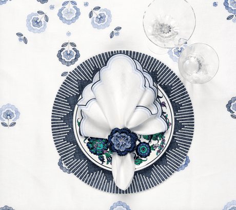 Carnation Tablecloth in White & Blue by Kim Seybert at Fig Linens and Home - Lifestyle 3
