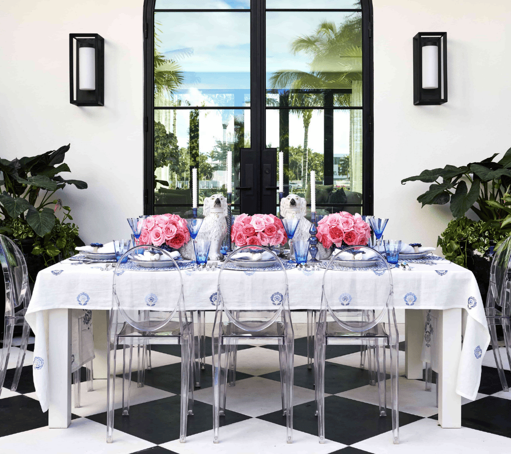 Carnation Tablecloth in White & Blue by Kim Seybert at Fig Linens and Home - Lifestyle 1